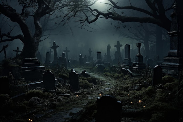 Graf op de oude begraafplaats's nachts met mist