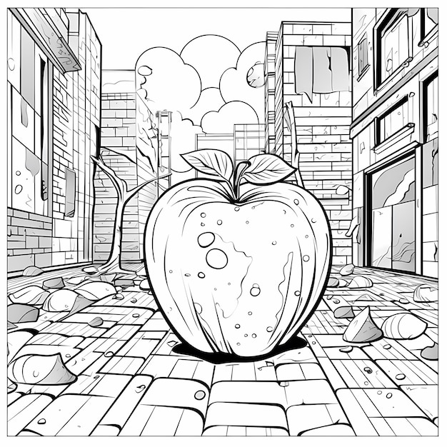 Photo graffiti apple blast simple cartoon coloring page thick lines low detail no shading