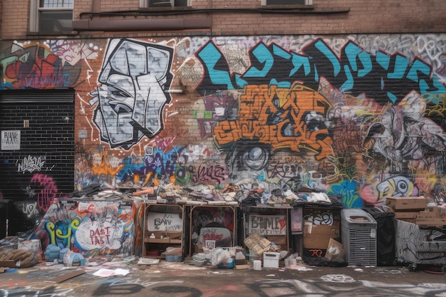 Graffiti art on a brick wall with trash and litter in the background