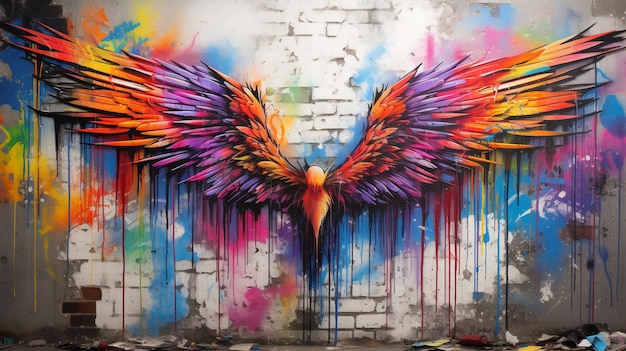 Photo graffiti art of a colorful bird on a wall with paint drips generative ai