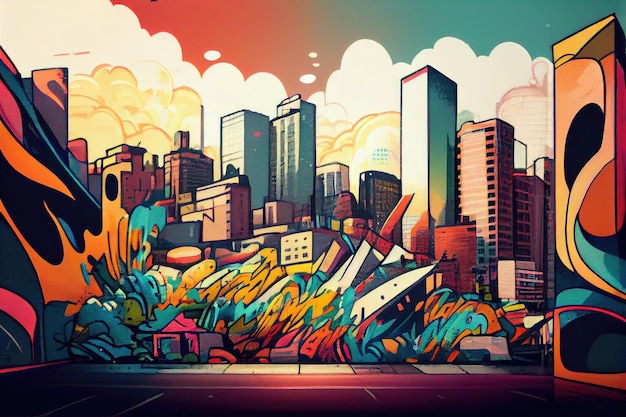 Graffiti art depicting vibrant cityscape with skyscrapers in the background