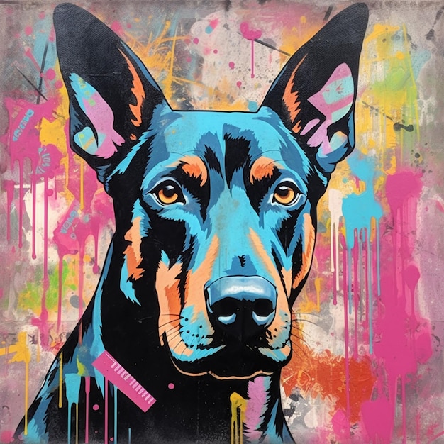 Graffiti art of a dog with a tag on its collar generative ai