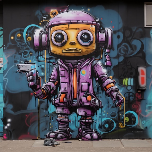 graffiti art of a robot with a gun and a bird generative ai