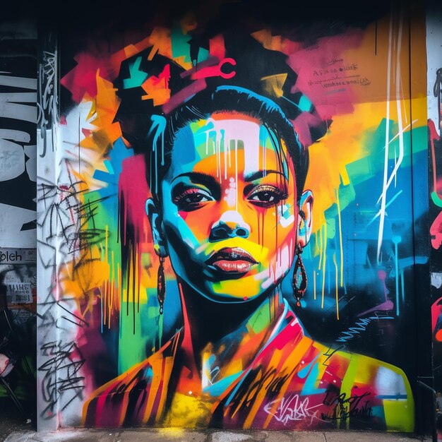 graffiti art of a woman with a colorful face on a wall generative ai