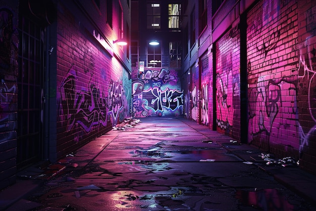 Graffiti artist showdown in a neonlit alley with i