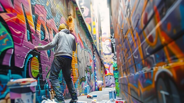 グラフィティアーティストが都市の小道の壁にスプレーをしていますグラフィティはカラフルで抽象的でアーティストは灰色のフードとジーンズを着ています