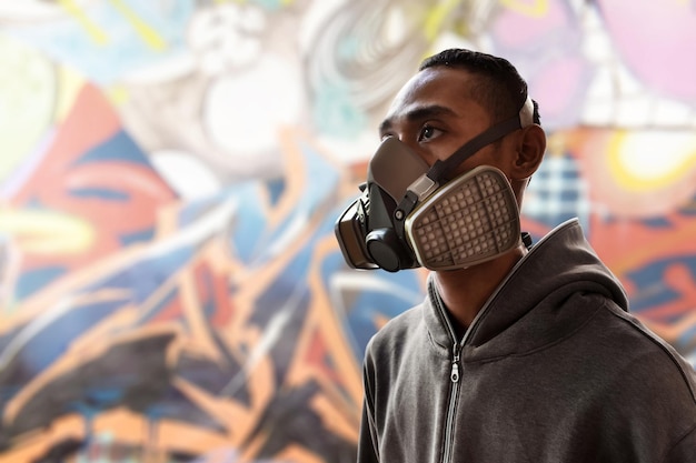 Graffiti artist wearing a gas mask