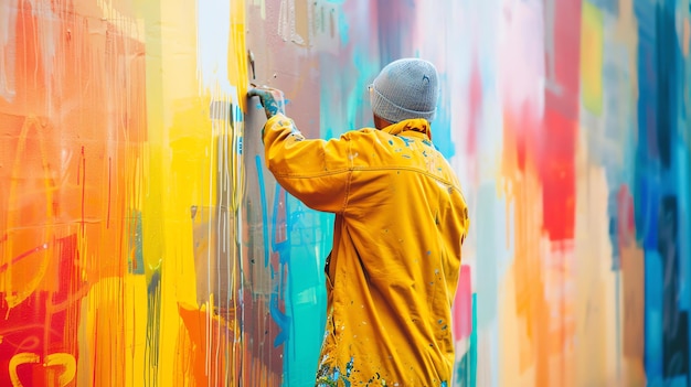 Photo a graffiti artist in a yellow jacket and gray beanie is painting a colorful mural on a wall