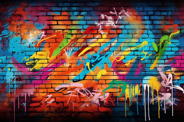 Graffiti background on a brick wall black yellow purple pink girl