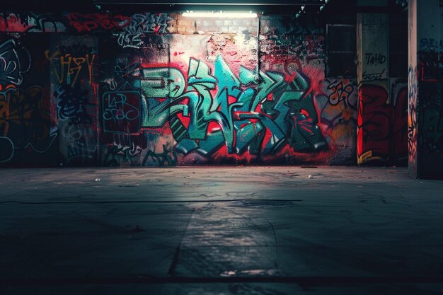 Foto graffiti bedekte muur in een donkere kamer met een licht schitterend op het generatieve ai