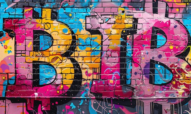 Foto graffiti behang met bitcoin street art design met spra illustratie crypto trading achtergrond