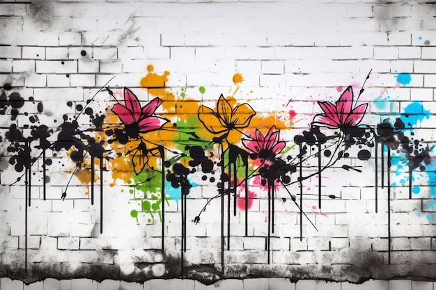 Foto graffiti su un muro di mattoni con fiori e vernice spray ai generativa