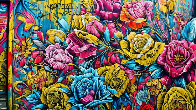 Graffiti of colorful flowers on the wall