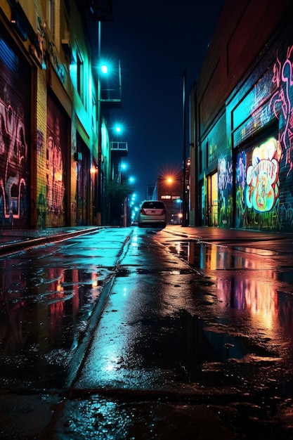 A graffiti covered alley with a car parked in front of it.