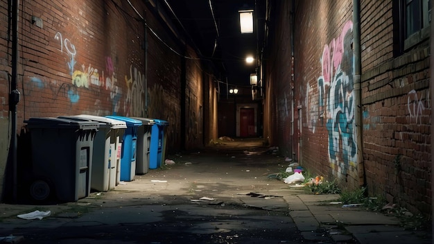 Graffiti covered alleyway with bins and debris