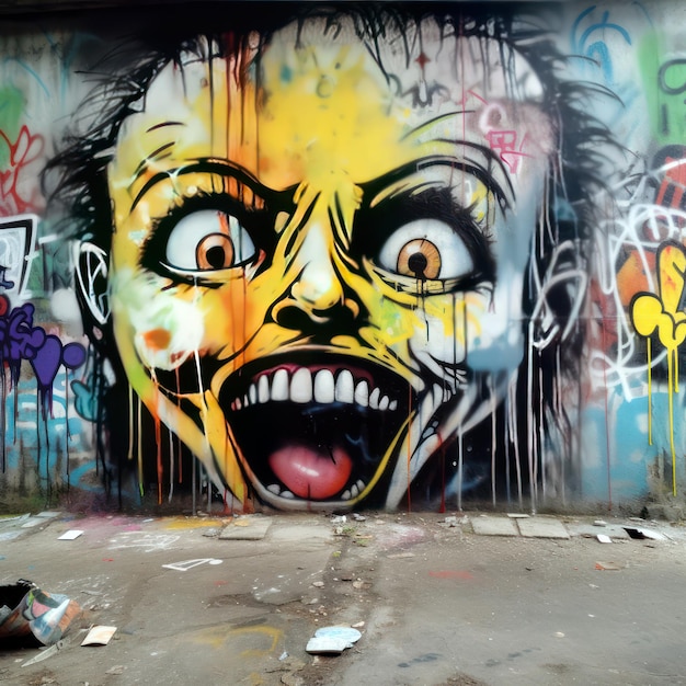 A graffiti drawing of a face with a yellow face