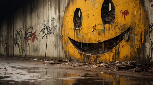 グラフィティ・エモティコン 笑顔の顔 壁にスプレーで塗装された グランジ・ストリート・アート