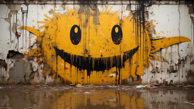 Graffiti emoticon smiling face painted spray on wall Grunge street art