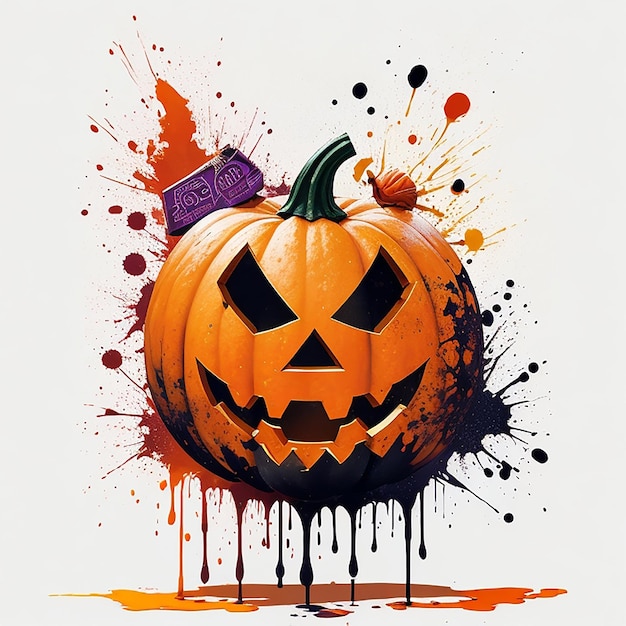 Graffiti Halloween pumpkin with and paint splashes in the eyes white background generated by AI