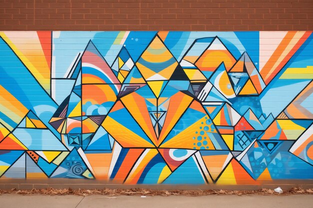Graffiti-muurschildering op een bakstenen muur met geometrische patronen