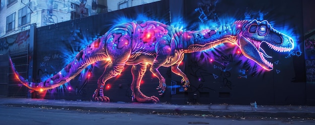 Graffiti of a neonlit Velociraptor its feathers bursting with colors illuminating the alleyway