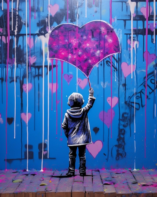 Graffiti painting of a child holding a pink heart shaped umbrella generative ai