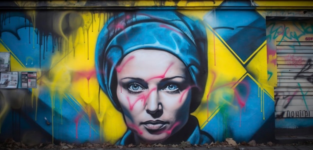 A graffiti painting of a woman with a blue scarf on her head.