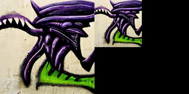 Photo a graffiti of a purple creature with a purple head and the word alien on the side