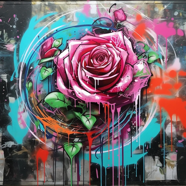 Graffiti schilderij van een roze roos met groene bladeren en een blauwe cirkel generatieve ai