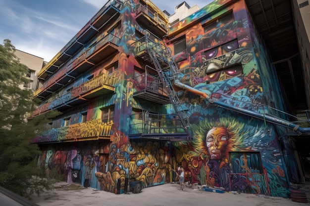 Graffiti sprayer artist creating intricate colorful mural on abandoned building created with generat