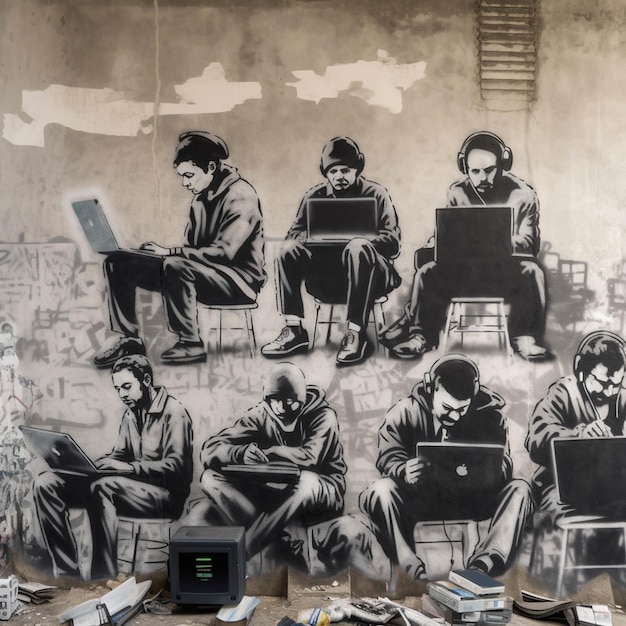 Graffiti van een groep mannen die op stoelen zitten met laptops generatieve ai
