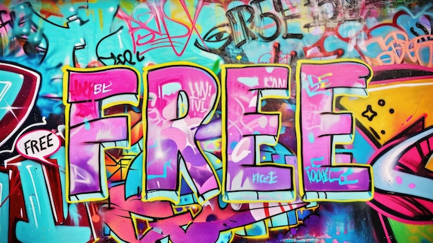 Graffiti wall background with text message FREE and paint splashes