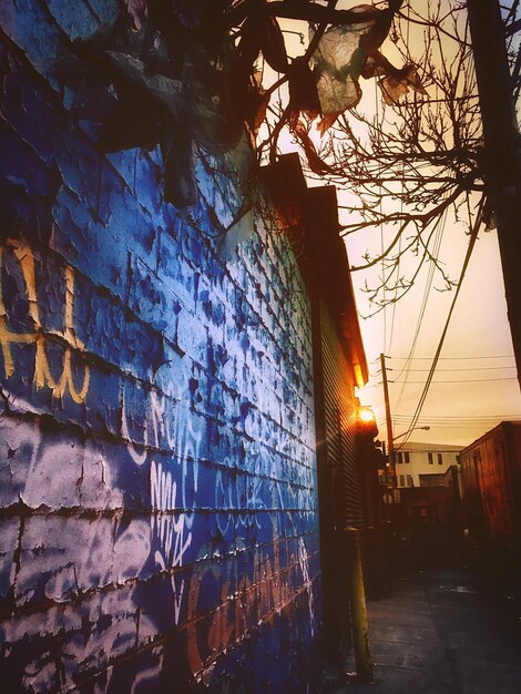 Graffiti on wall in city during sunset