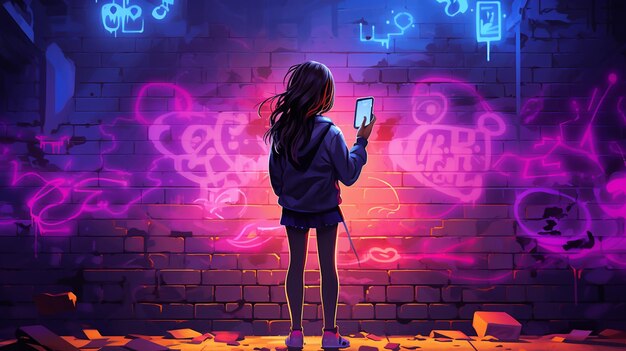 Graffiti on a wall behind a girl holding a cell phone generative ai