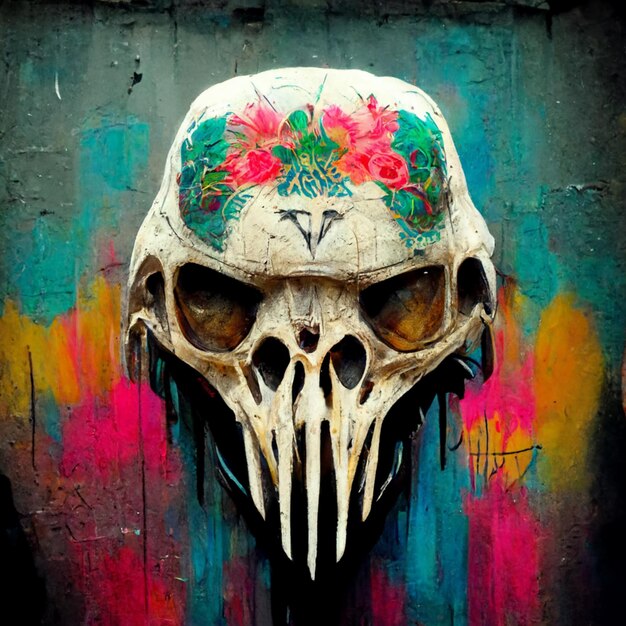 граффити на стене с черепом и цветами, нарисованными на нем