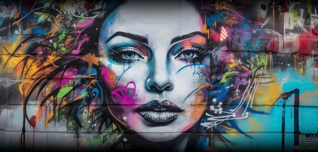 A graffiti wall with a woman's face painted on it.