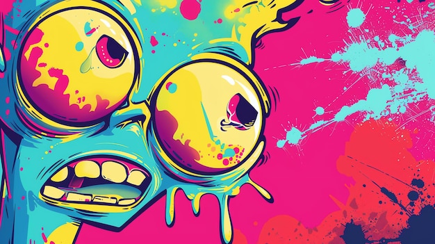 A graffiticovered cartoon face with bright colors and a shocked expression