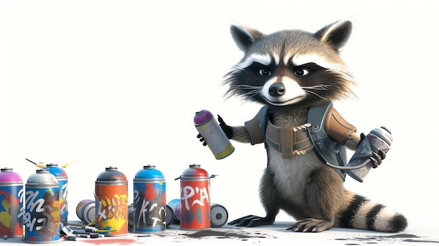 Photo a graffiticovered raccoon is standing on a white background the raccoon is wearing a brown vest and has a spray can in its paw