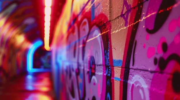 Foto un tunnel coperto di graffiti fiancheggiato da luci al neon che mostra il talento degli artisti di strada locali e