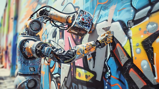 A graffiticovered wall is being spraypainted by a robot with a mechanical arm The graffiti is colorful and abstract