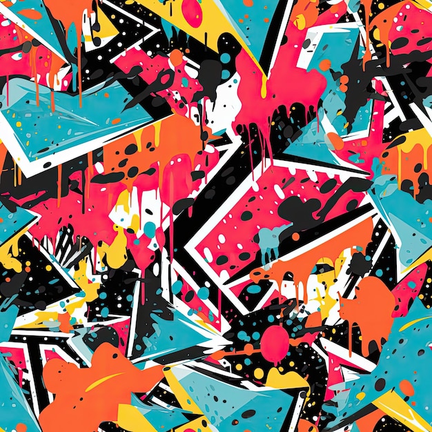 Graffitistyle wallpaper pattern with jumbled geometric compositions and paint splashes tiled