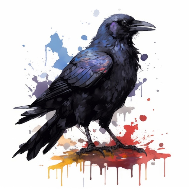 Photo graffitistyle watercolor raven vibrant spectrum colors and gothic ornate illustration