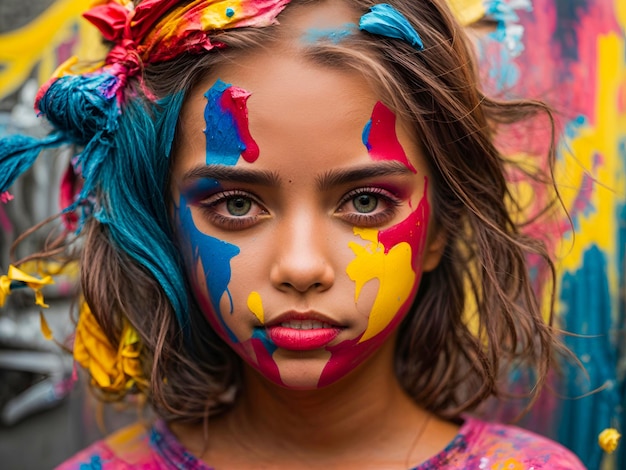 Graffitti surreal beautiful little girl face covered in colorful paint