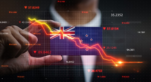 Grafiek vallen voor de vlag van Nieuw-Zeeland. Crisis Concept