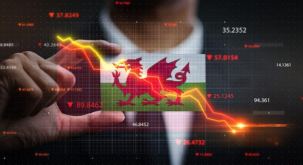 Grafiek vallen voor Wales vlag. Crisis Concept