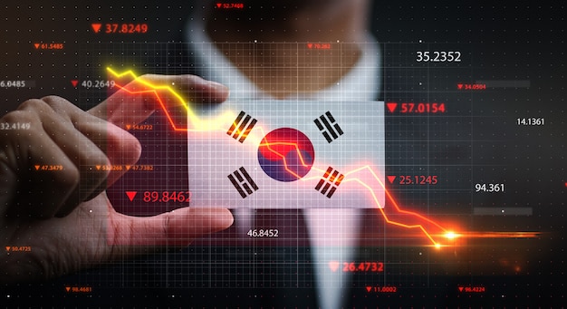 Grafiek vallen voor Zuid-Korea vlag. Crisis Concept