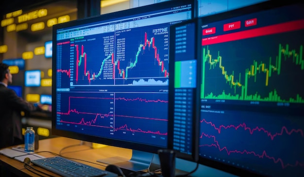 Grafiek van de aandelen, cryptocurrency, forex en goudmarkten op het scherm met verschillende technische analyse-tools toegepast Data-analyse om de verkoop en inkomsten te verhogen