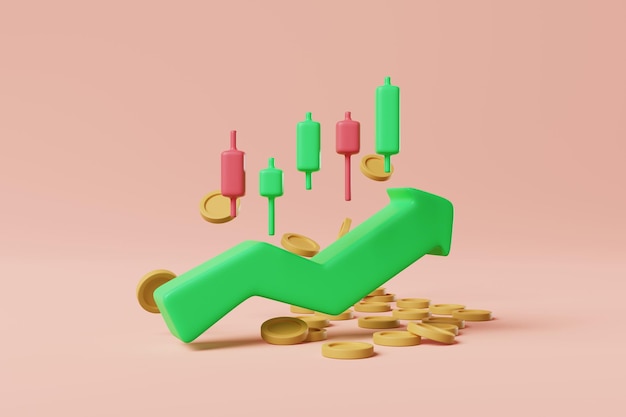 Grafiekpijl en handelskaars met munten op de achtergrond Aandelen- of crypto-investeringswinstconcept 3d-rendering