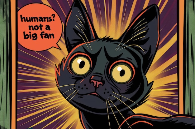 Foto grafiese zwarte kat die een afkeer van mensen in een komische stijl uitdrukt
