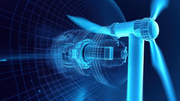 Grafisch beeld van de draaiende wieken van een windmolen op een blauwe wazige achtergrond Duurzaam windenergieproces Virtuele datatechnologie Groene energie stroomproductie Mockup 3D-rendering